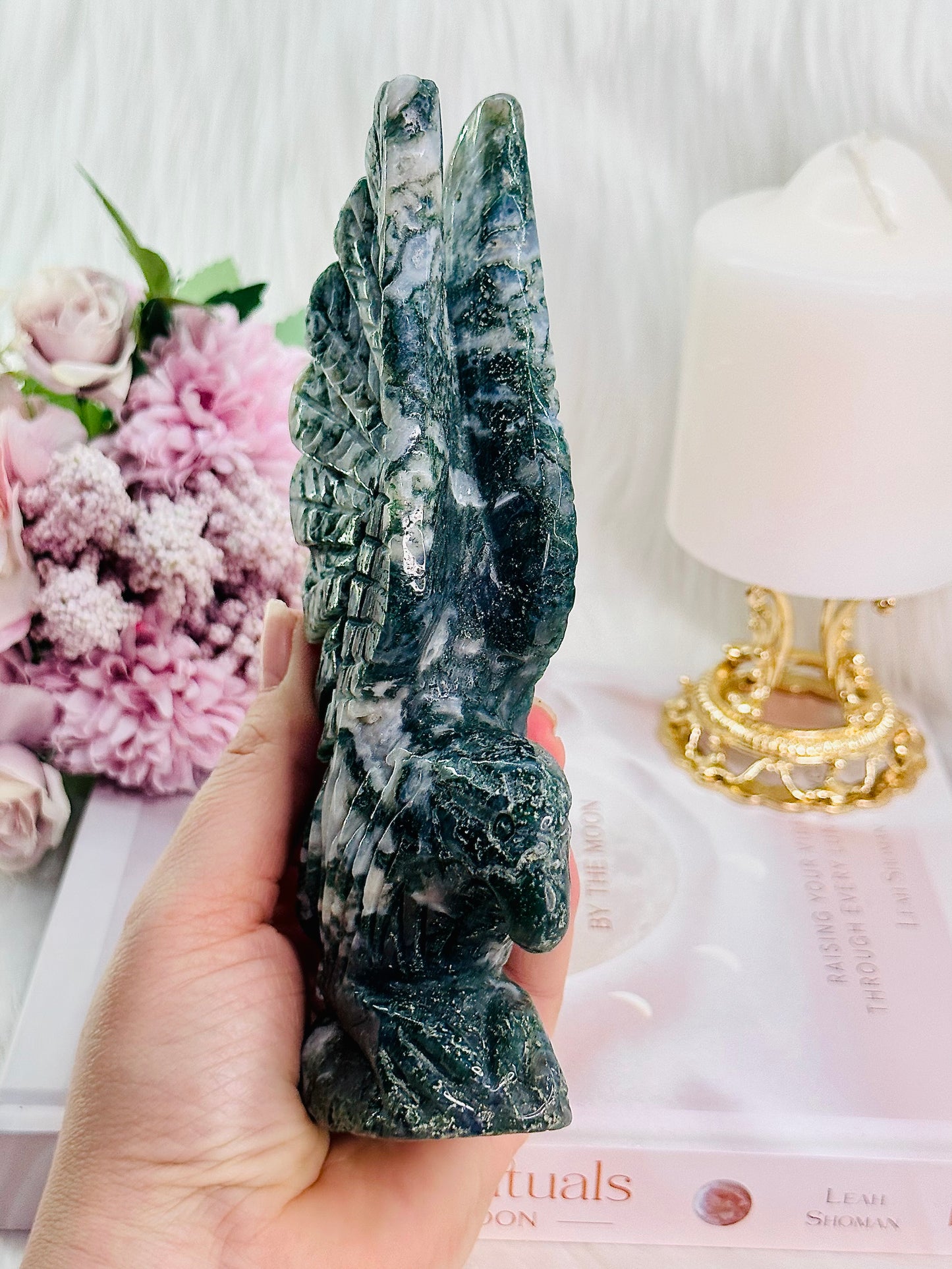 Peace & Tranquility ~ Absolutely Perfection! Large 18cm Moss Agate Carved Eagle