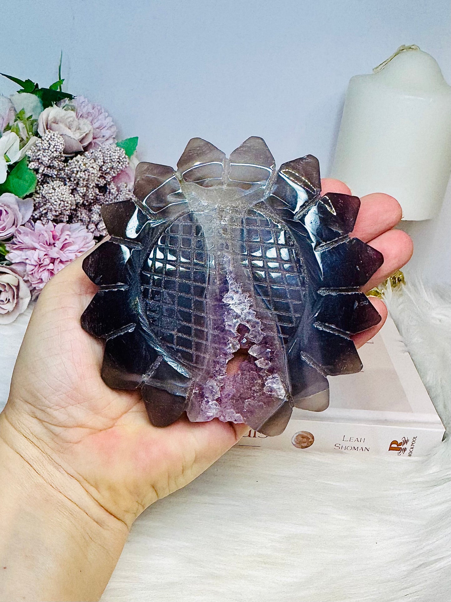 Large Druzy Amethyst X Agate Sun Flower Carving on Stand 23cm