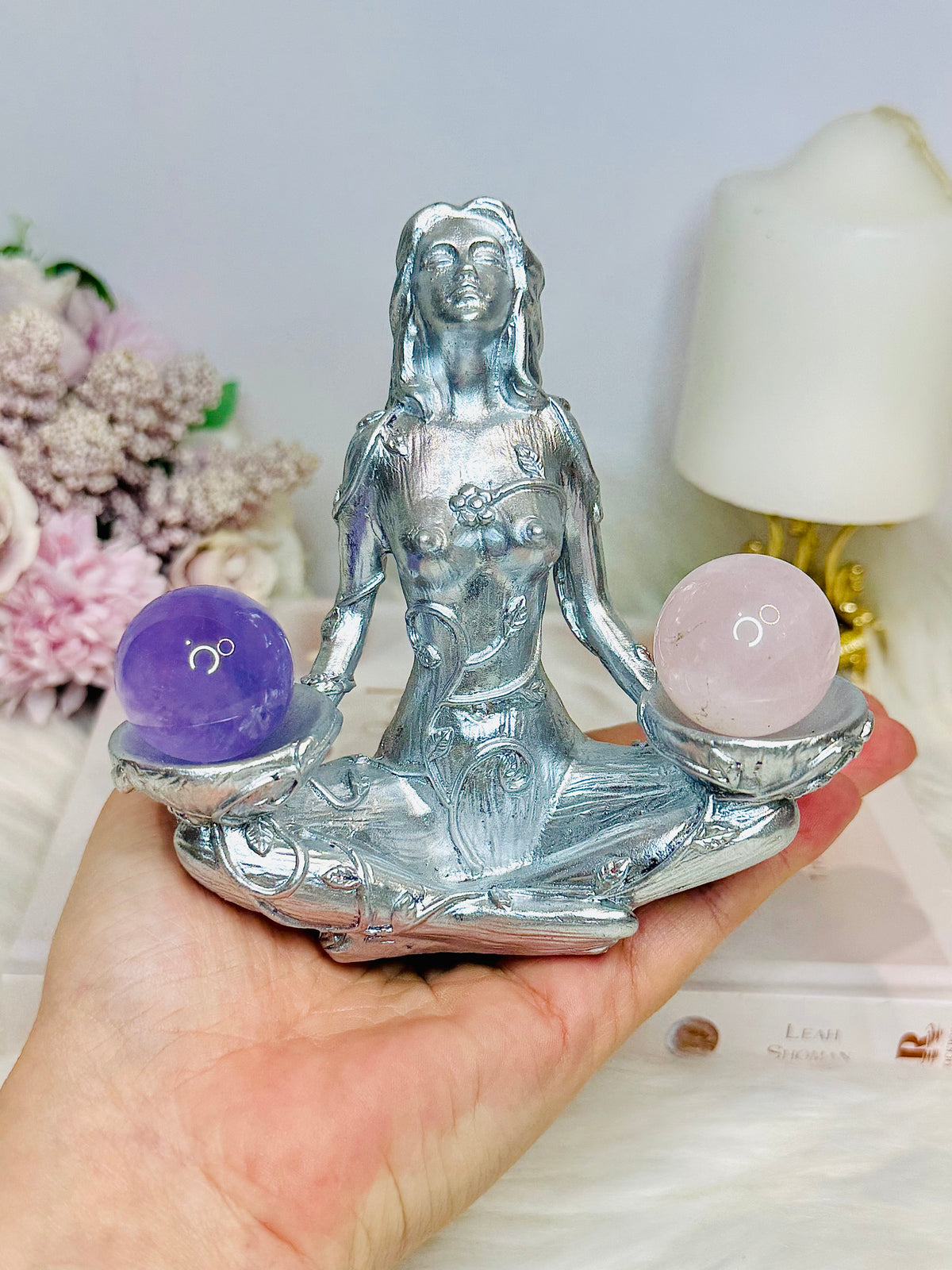 Silver Sacred Goddess with Amethyst & Rose Quartz Spheres 12cm