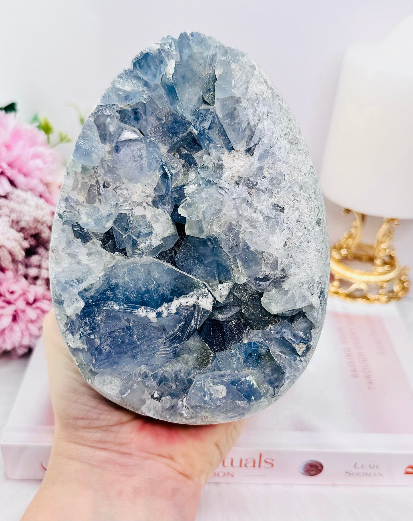 Huge 1.77KG Natural Blue Celestite Druzy Egg On Stand