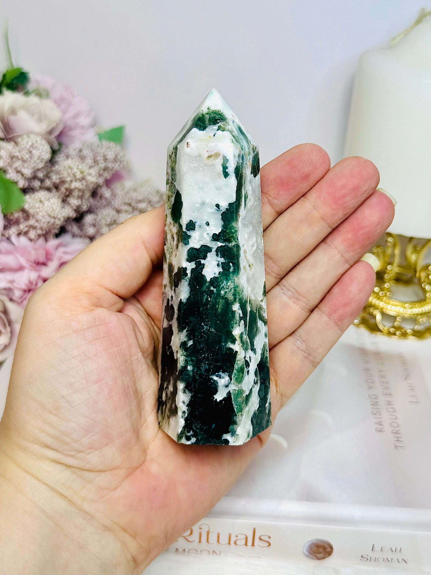 Moss Agate In Quartz Tower 11cm