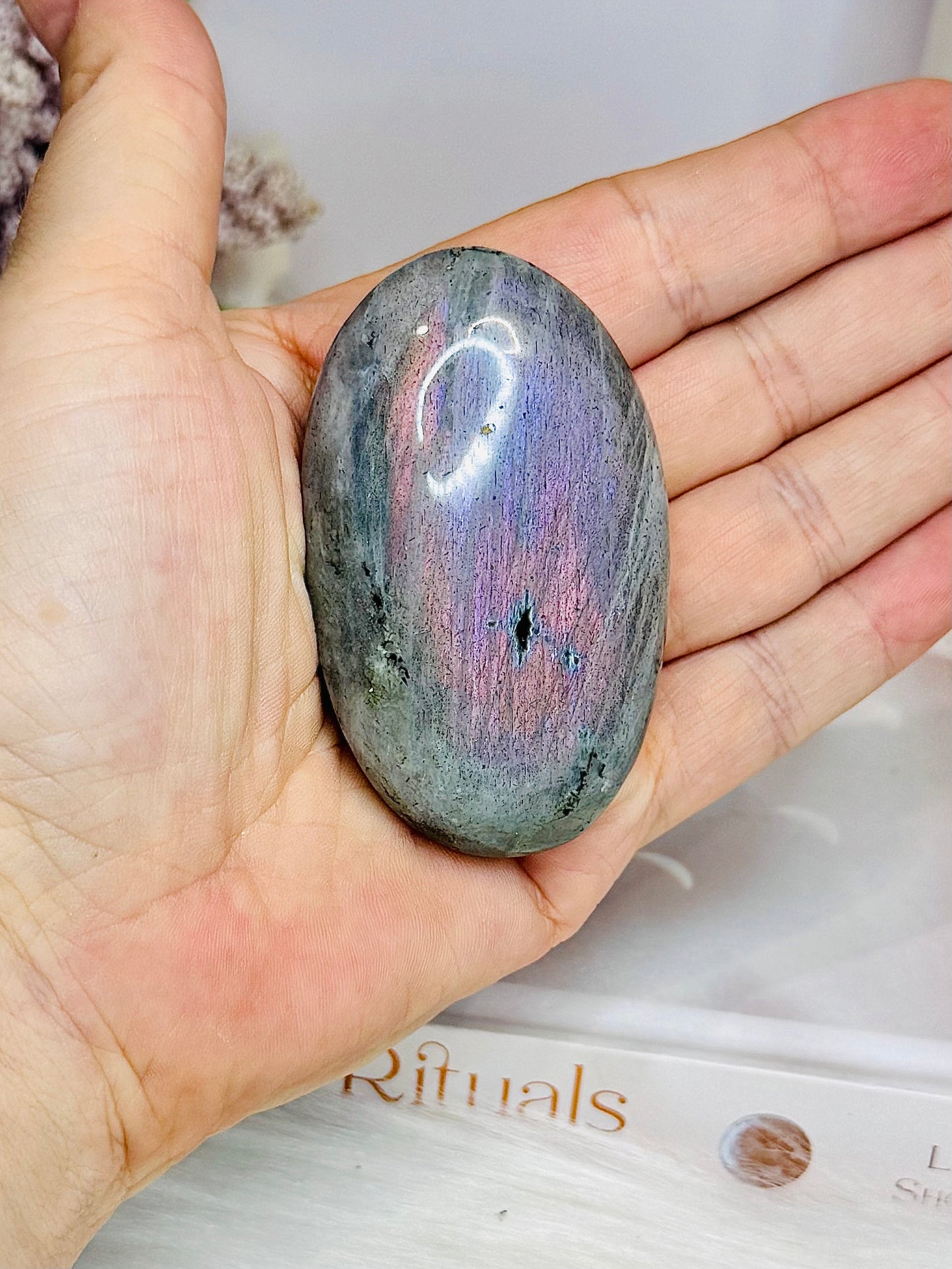 Large Labradorite Palm Stone with Pink & Purple Flash