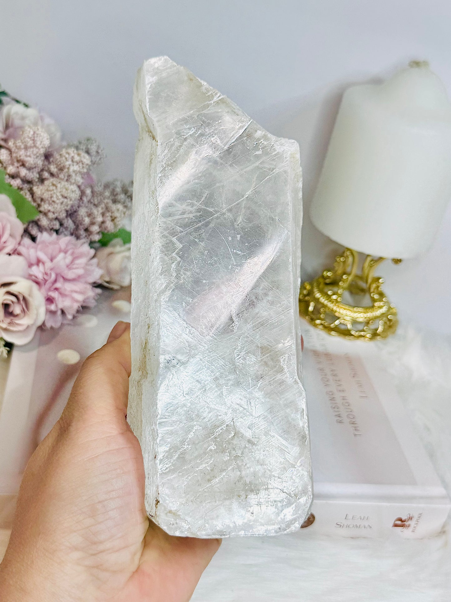 Large Natural Selenite On Timber Stand 21cm 1.1KG