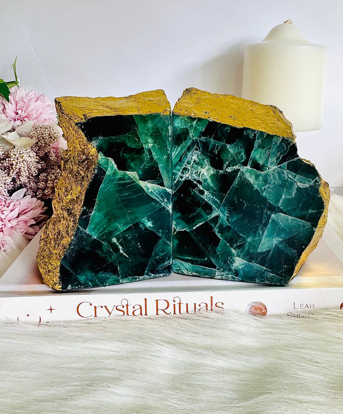 Absolutely Stunning Large Chunky 1.82KG Green Fluorite Gold Plated Book Ends