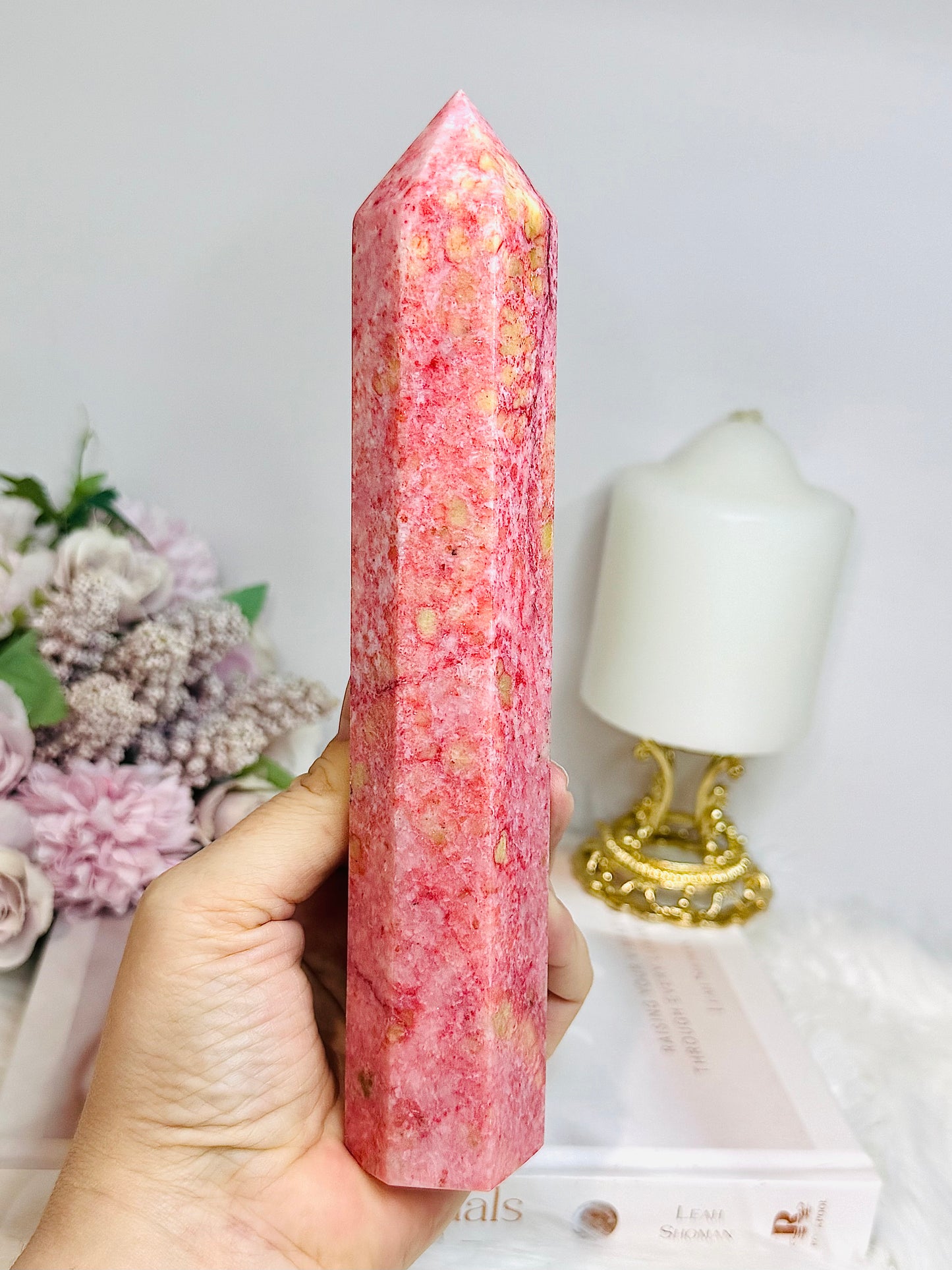 Rare Large Thulite Tower with Epidote Inclusions 20cm