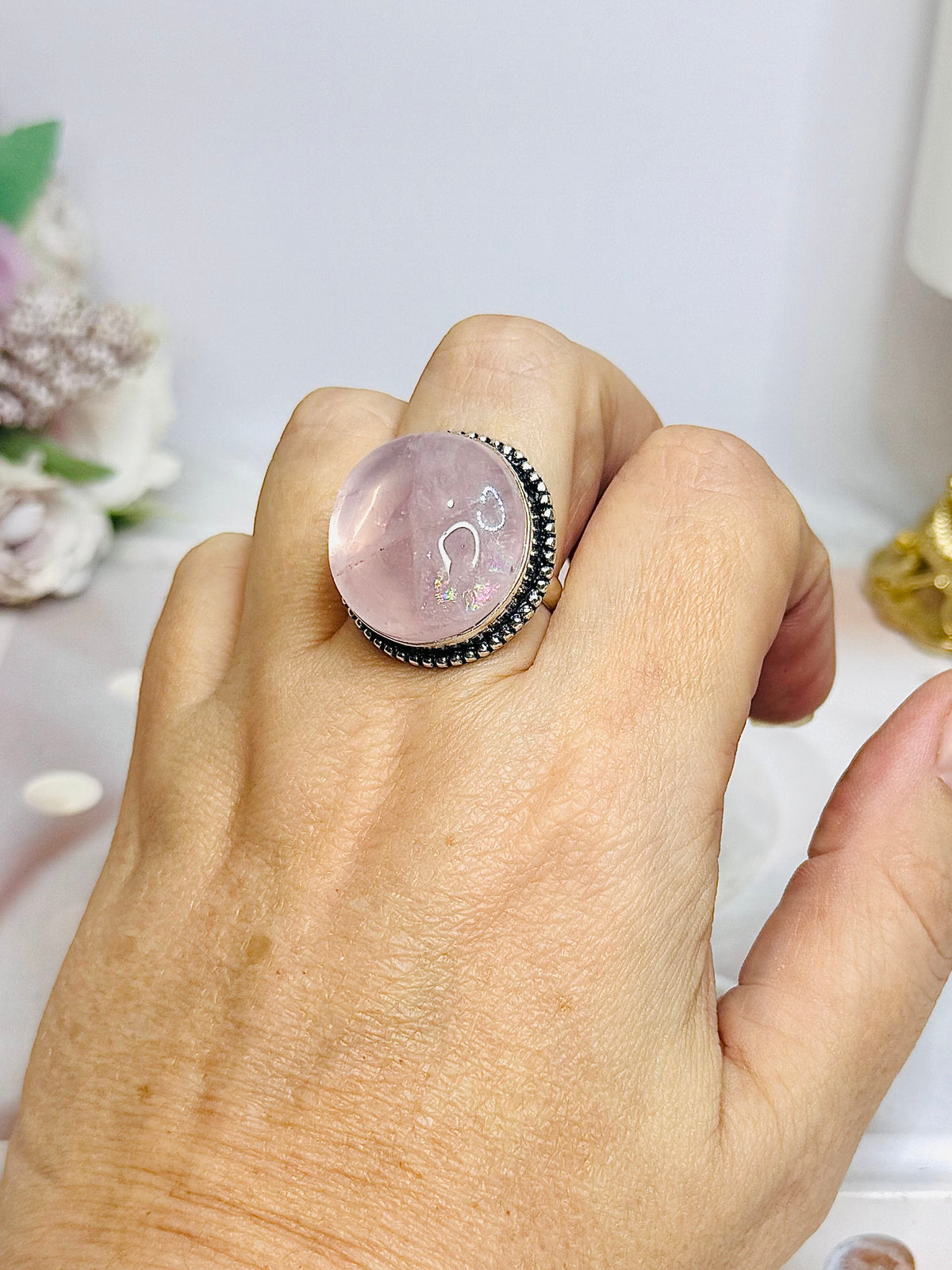 Large Silver Rose Quartz Round Ring Size 9