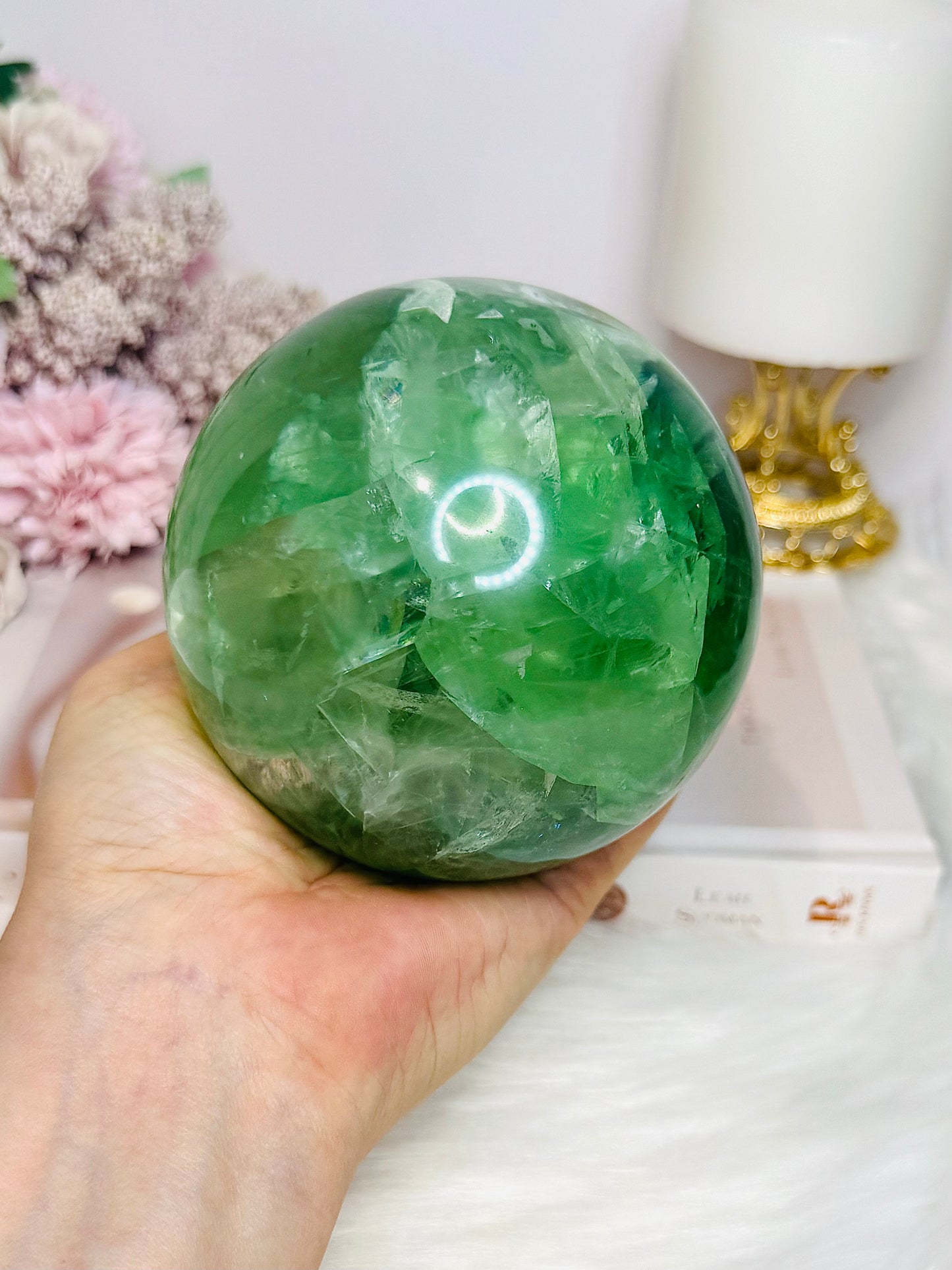 Huge Green Fluorite Sphere with Rainbows On Tall Glass Stand 1.4KG (stand can be changed)