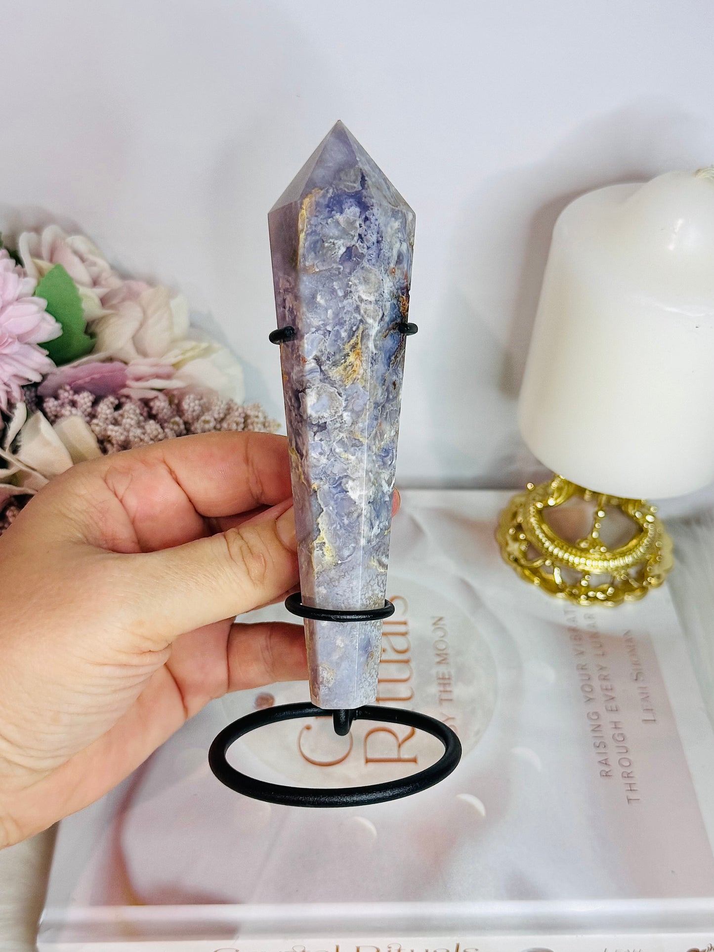 Gorgeous Blue Agate Wand | Tower on Stand 15.5cm