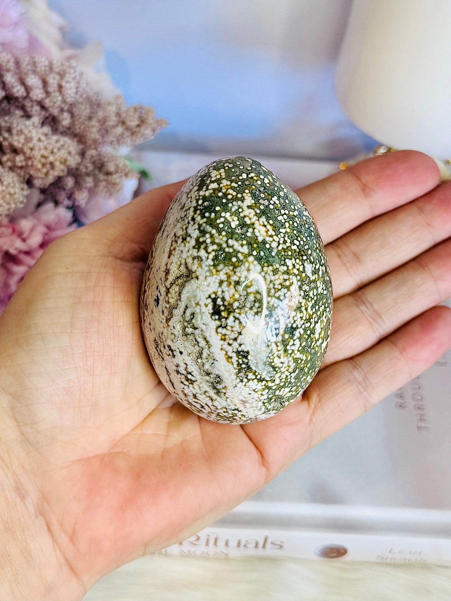 Beautiful Orbicular Ocean Jasper Egg 7.5cm On Stand