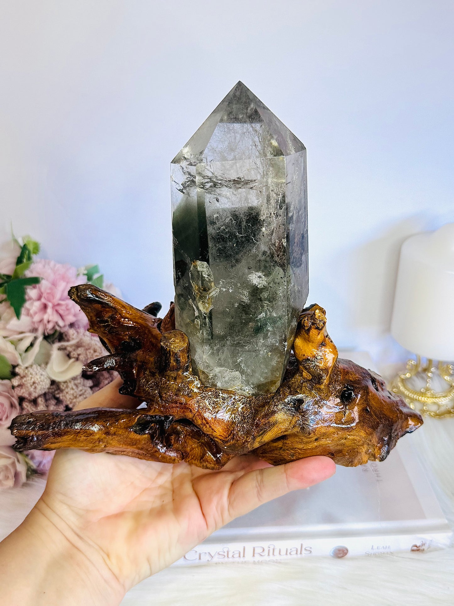 Stunning Large Garden Quartz | Lodolite Tower on Timber Base 938grams 27cm