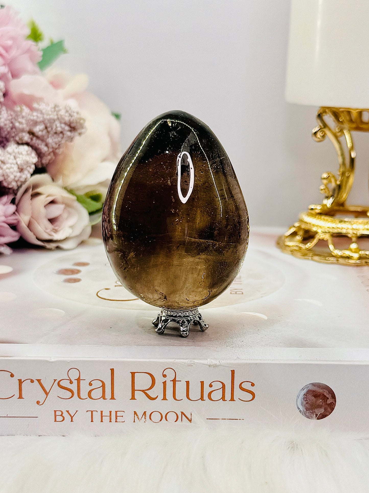 Unique Smokey Quartz Carved Polished Egg 172grams on Stand