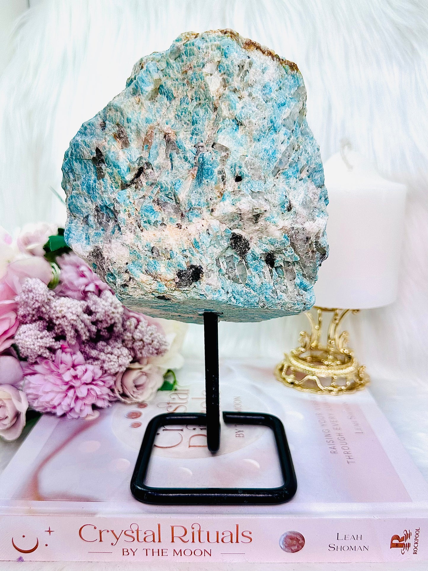 Huge Amazing Raw Rough Natural Amazonite With Smokey Quartz Inclusions 1.56KG 20cm On Stand From Brazil
