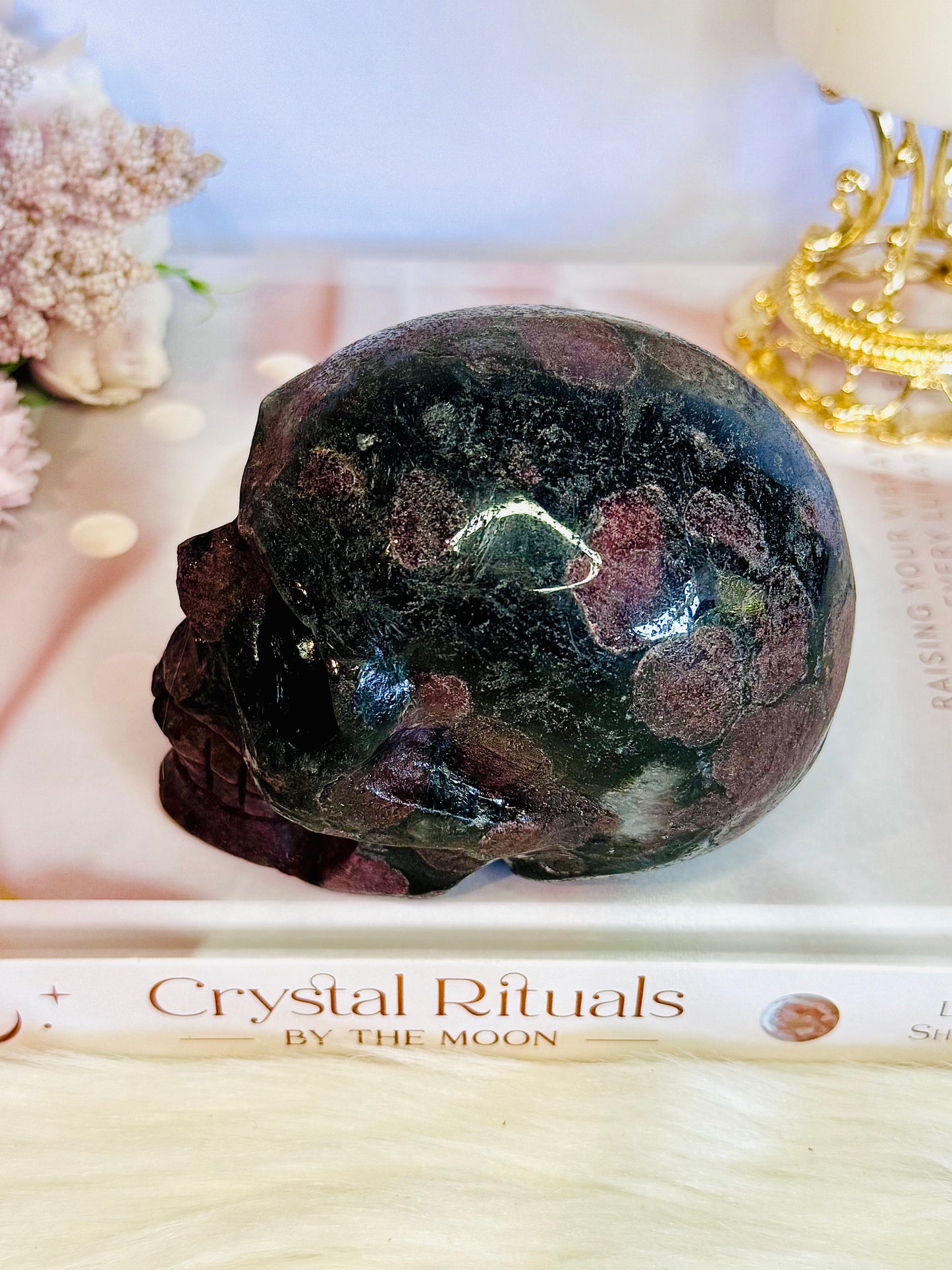 Amazing Large 1.01KG 11cm Garnet with Astrophyllite Carved & Polished Skull