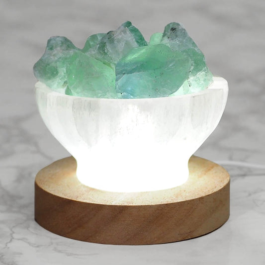 Divine Selenite Fire Bowl / Lamp With Green Fluorite Rough on Large LED Base