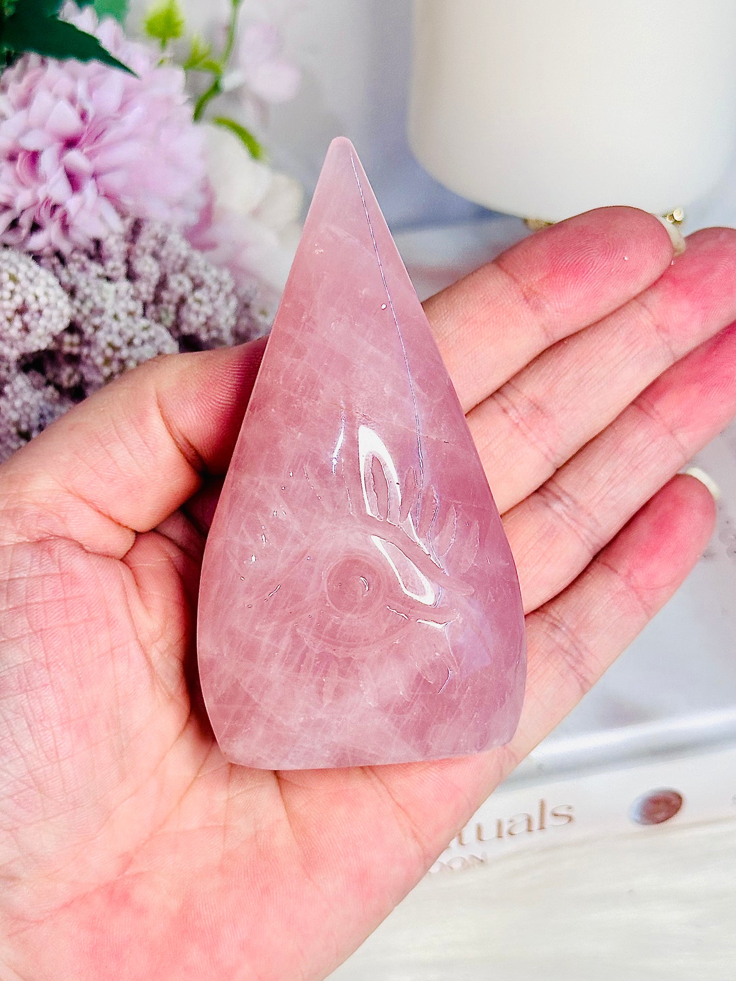 Absolutely Divine 9cm High Grade Rose Quartz Evil Eye Carved Flame