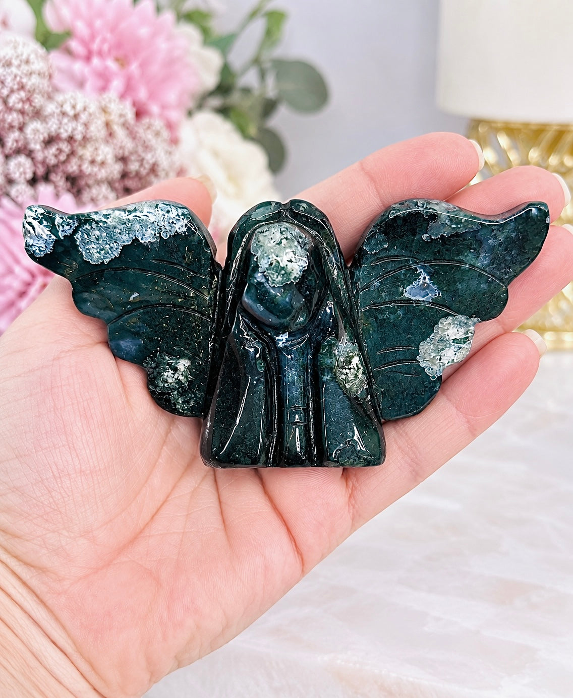 Moss Agate Druzy Carved Angel 12cm