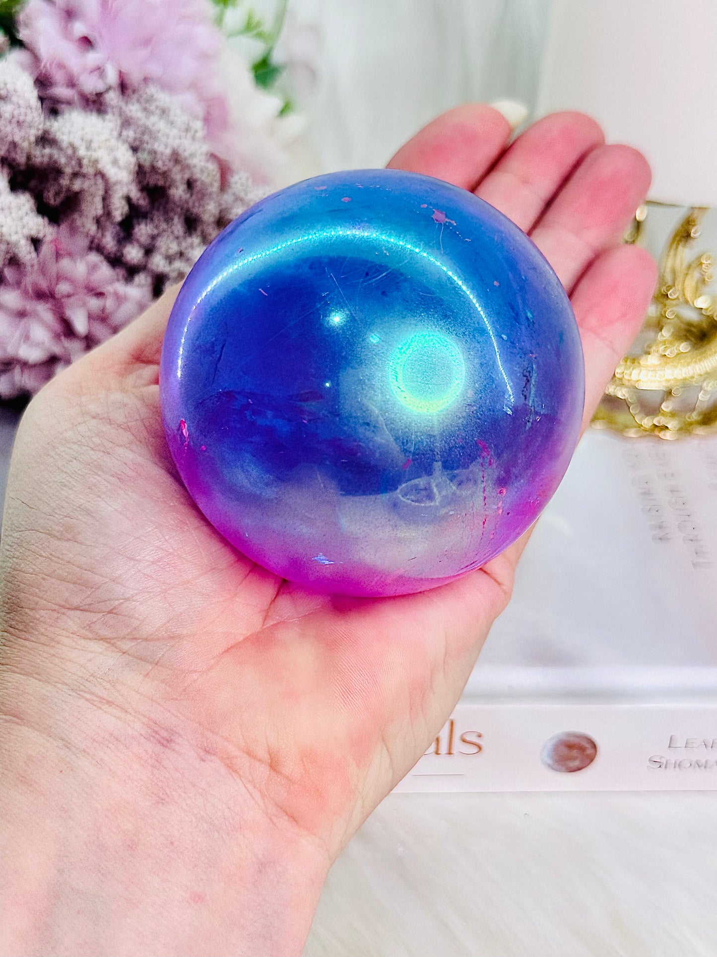 Stunning Large 449gram Aura Clear Quartz Sphere on Stand So Pretty (glass stand in pic is display only)