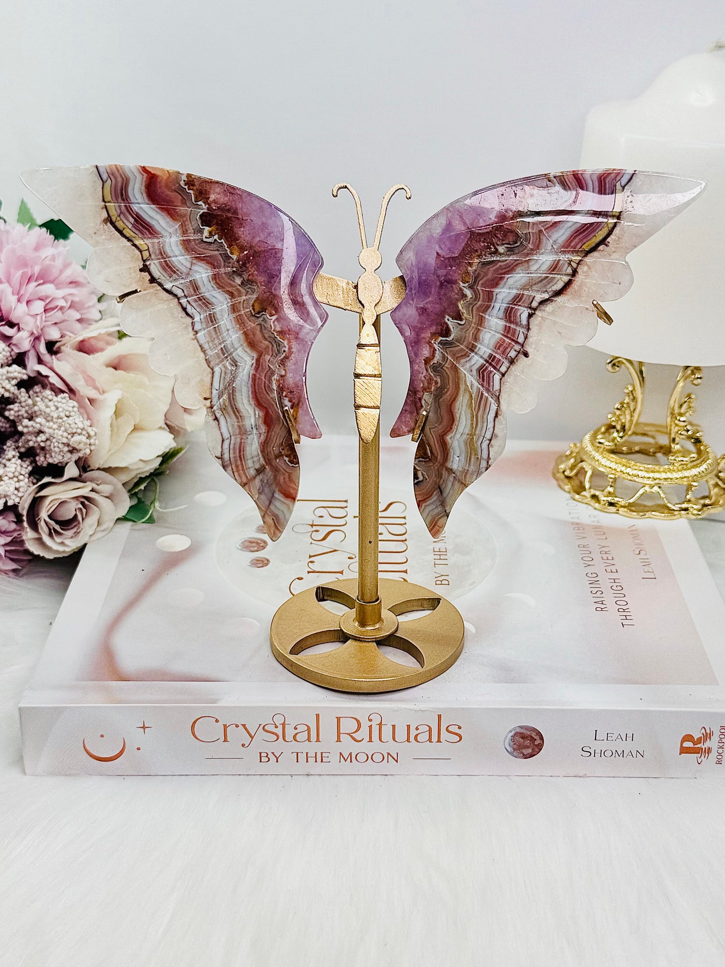 High Grade Amethyst Agate Wings On Gold Stand From Brazil 14cm Tall (Inc Stand)