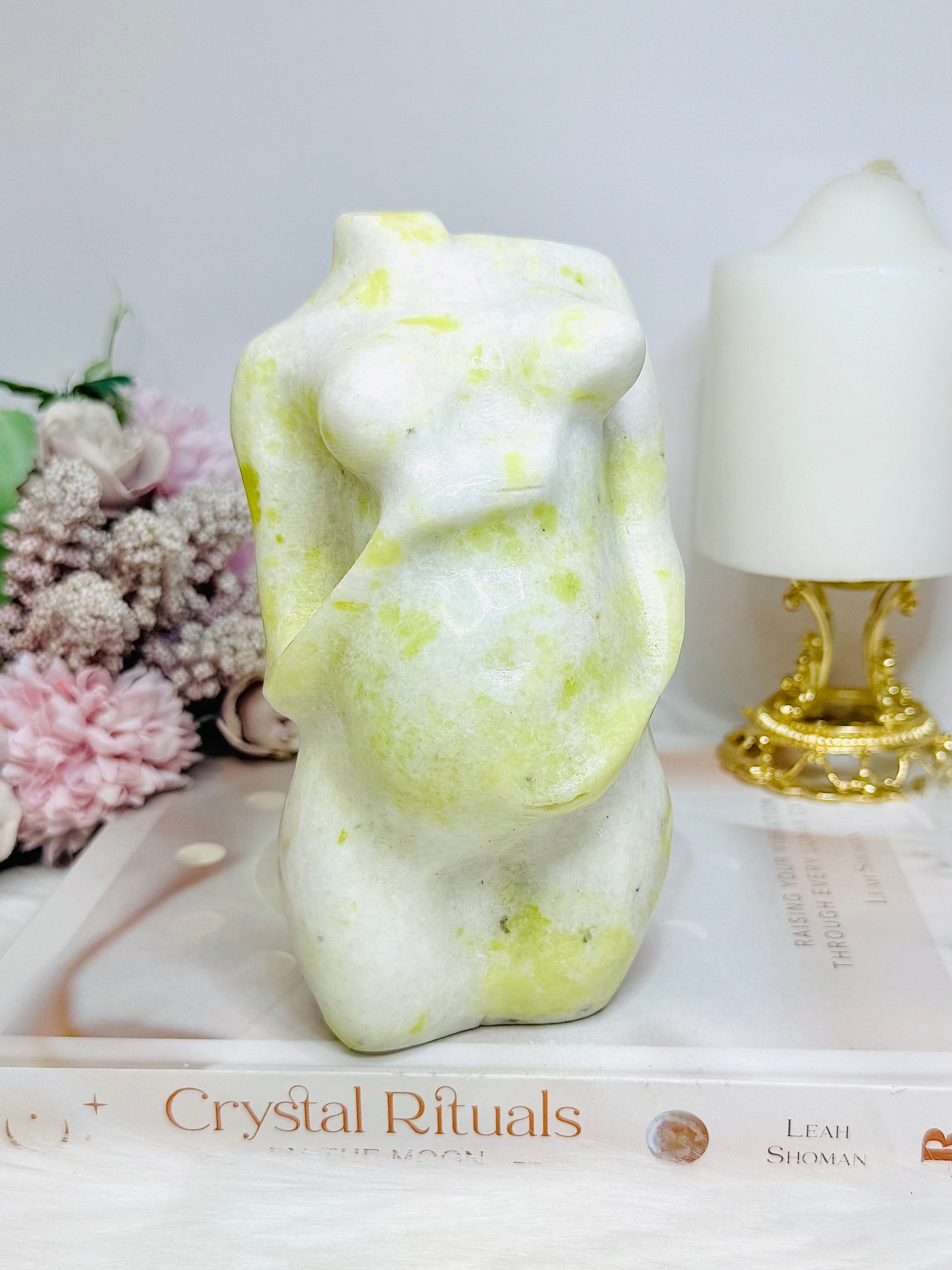 Large Lemon Serpentine Jade Pregnant Woman Carving 15cm 1.02KG