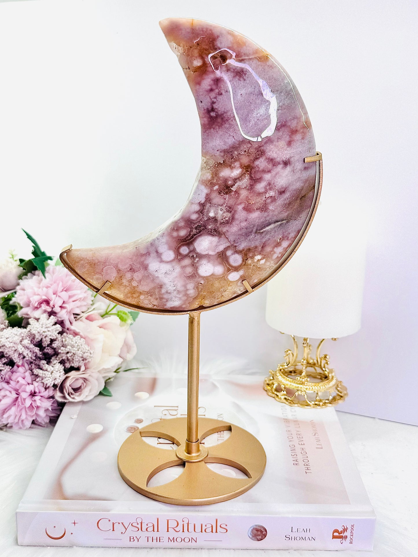 Absolutely Spectacular Large 28cm (Inc Standing) Druzy Pink Amethyst Carved Moon On Gold Stand From Brazil