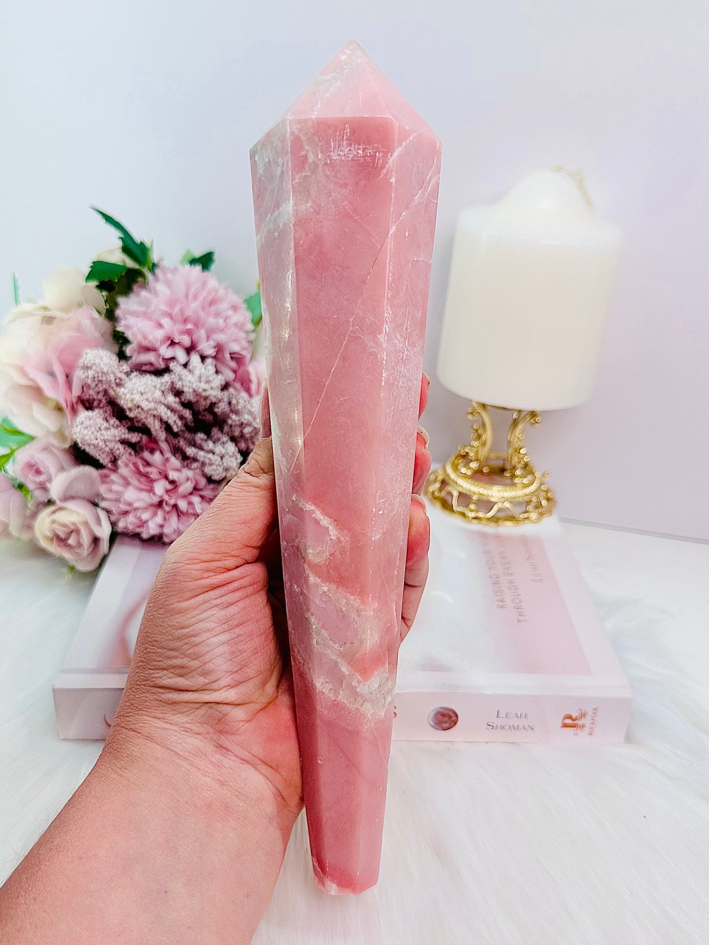 Classy & Fabulous Huge Pink Opal Wand | Obelisk Tower On Silver Stand 27cm