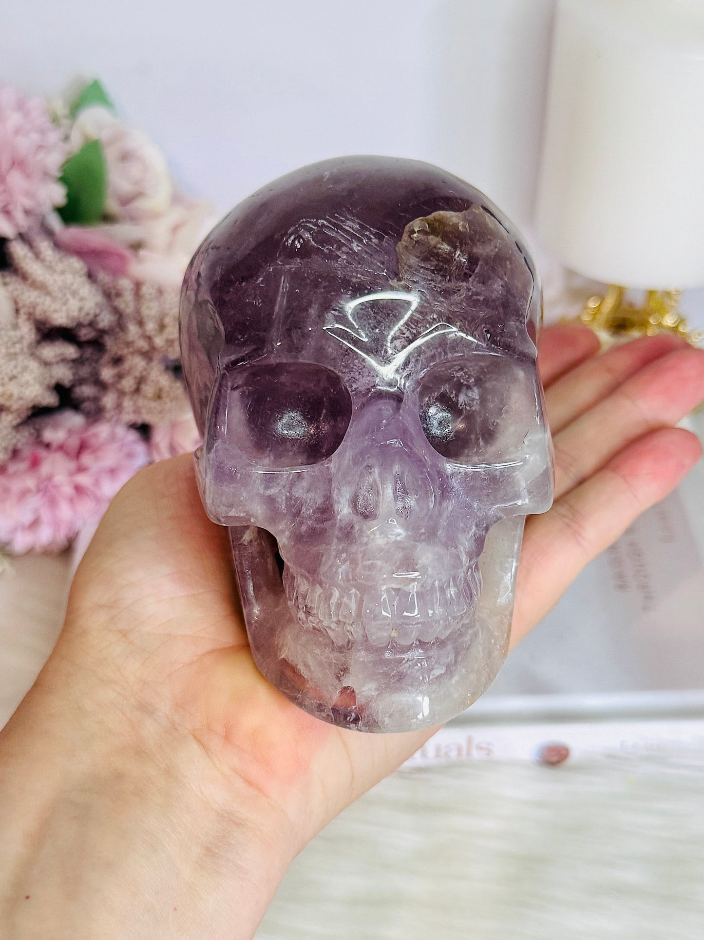 Huge 991gram High Grade Amethyst Carved Skull with Rainbows