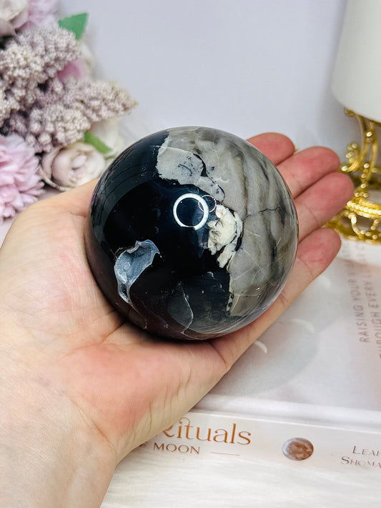 Natural Volcano Agate Druzy Sphere UV Reactive On Stand 445g