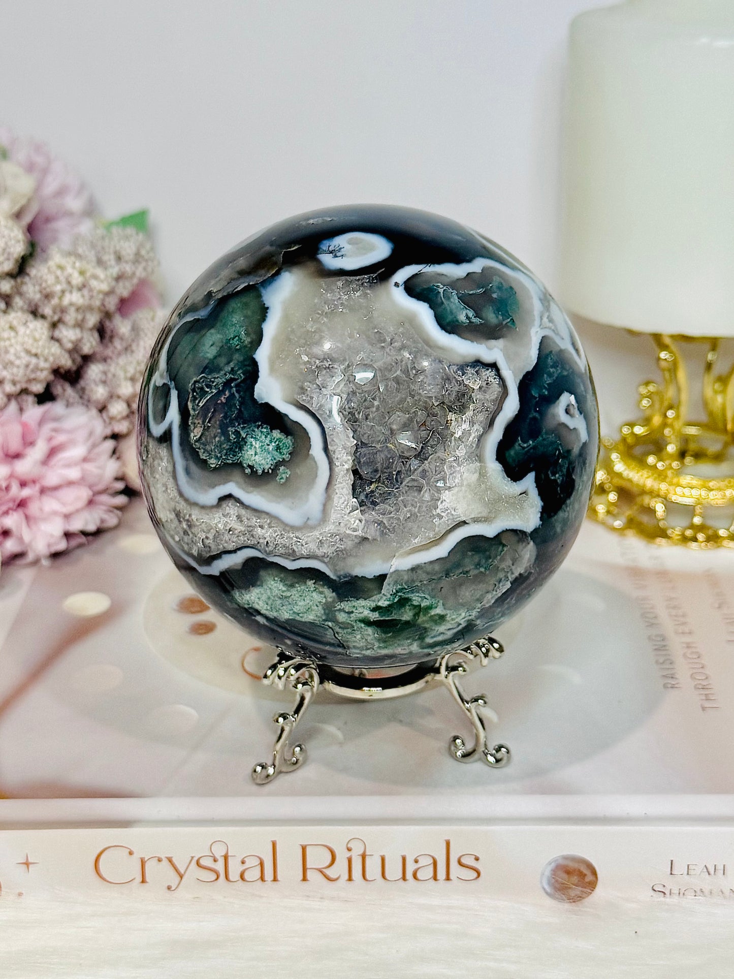 High Grade Druzy Moss Agate Sphere on Stand 1.09KG