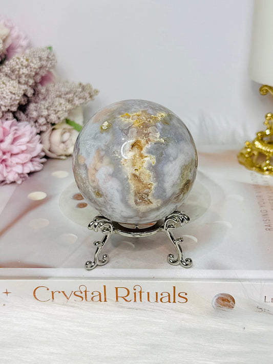 Large Flower Agate Sphere on Stand 319g
