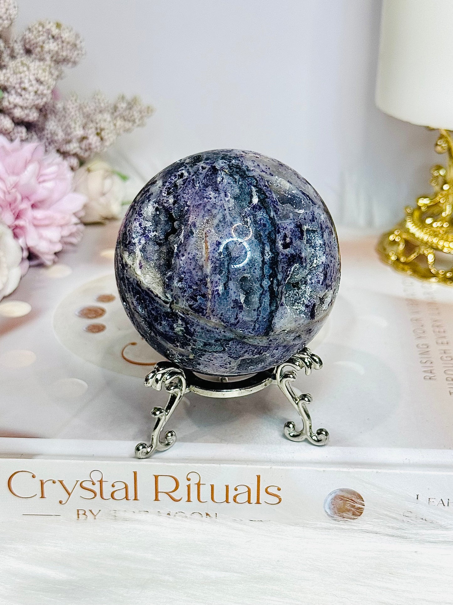 Natural Purple Fluorite X Sphalerite Druzy Sphere on Stand 306g