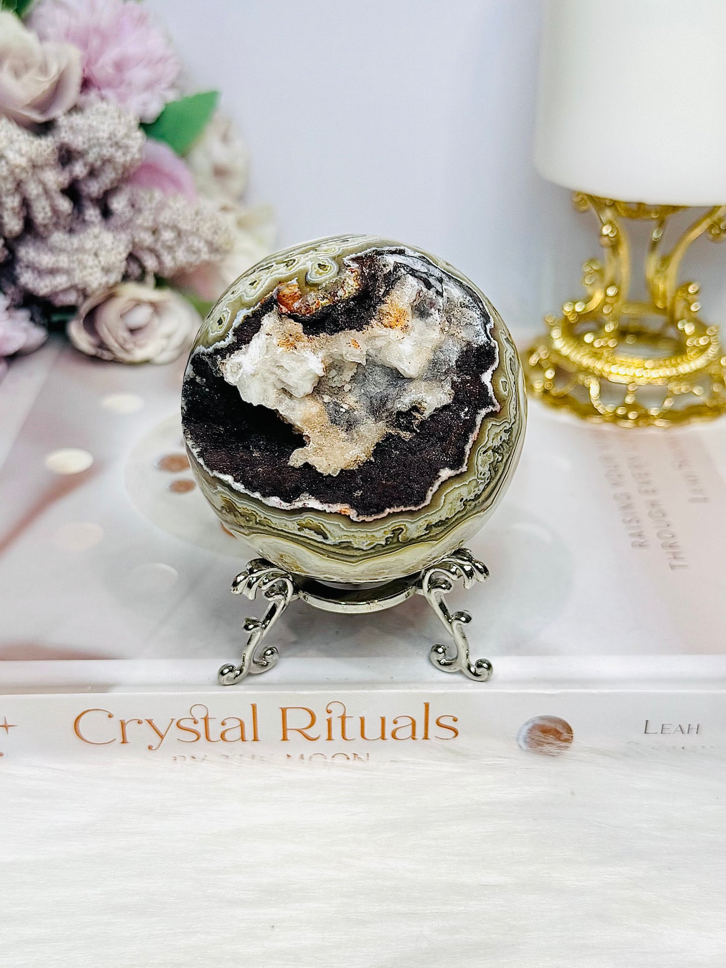 Mexican Lace Agate Druzy Sphere on Stand 331g