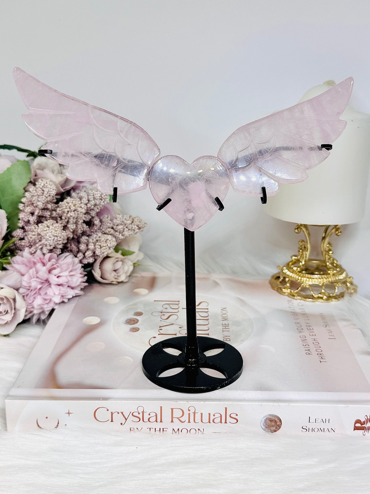 Rose Quartz Heart & Wings On Stand H 17cm x L 19cm