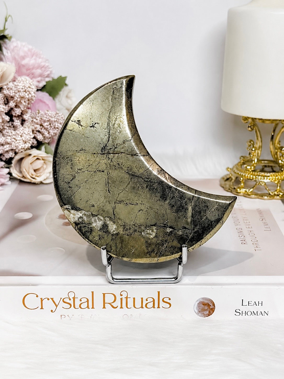Large Pyrite Carved Moon on Stand 10cm