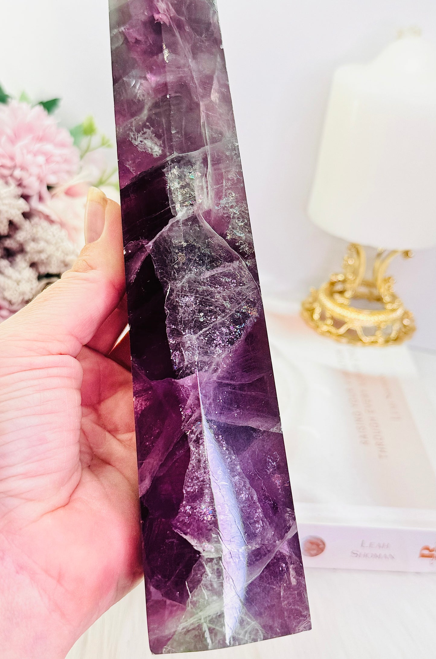 Fabulous Tall 23.5cm 968gram Purple Fluorite Tower with Rainbows