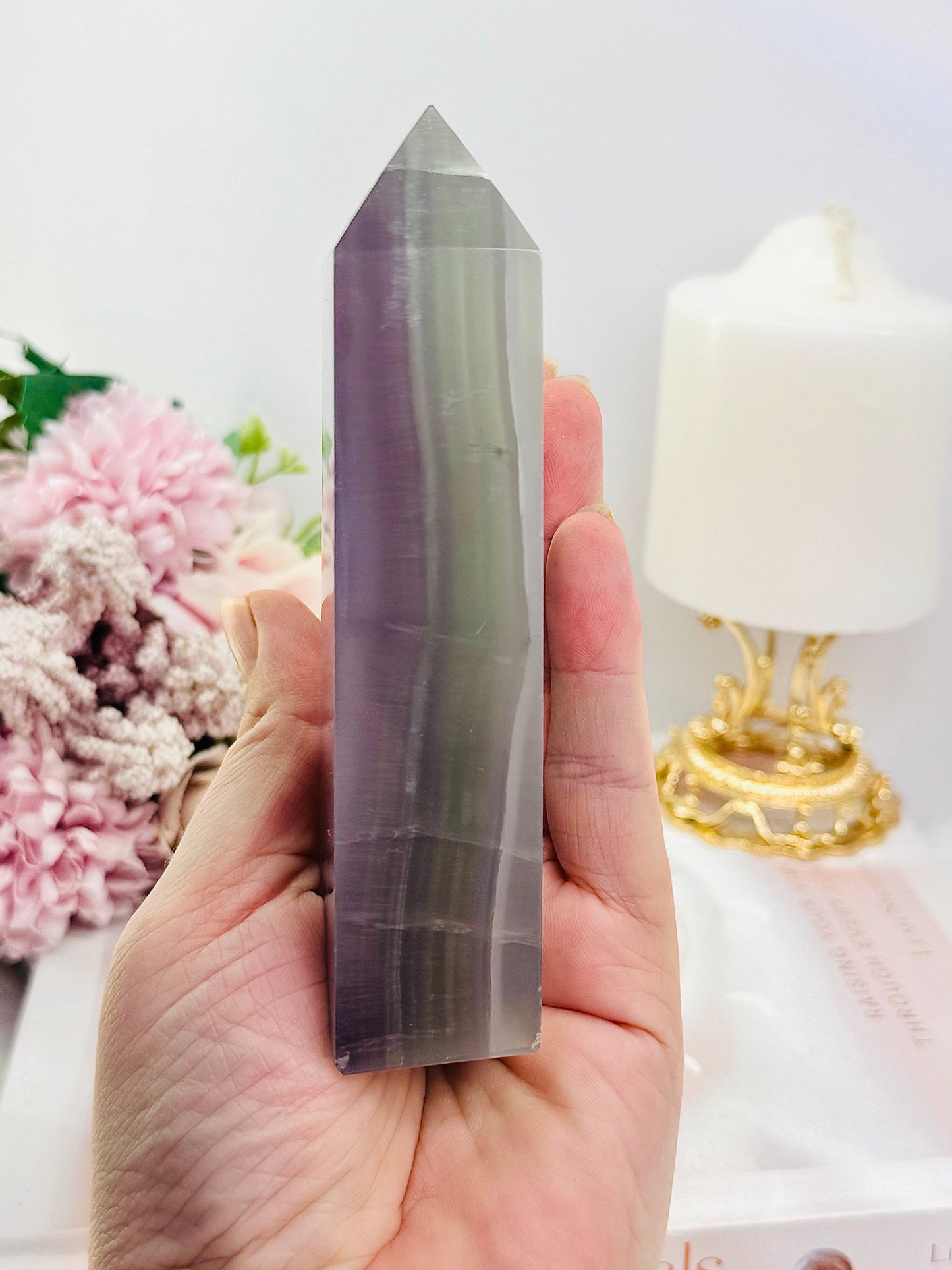 High Grade Green & Purple Pastel Fluorite Tower 13cm 331grams