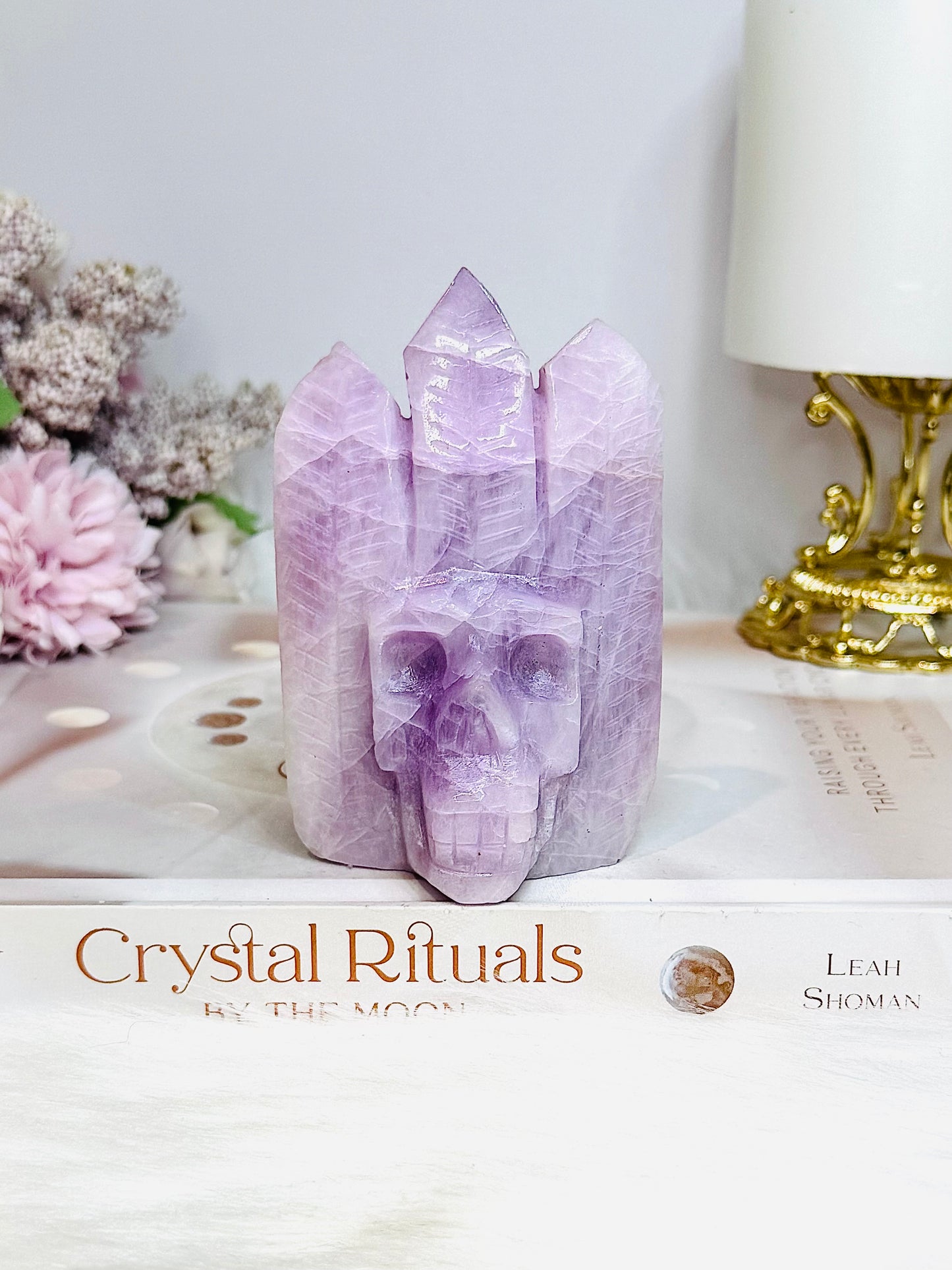 High Grade Kunzite Carved Indian Skull 9cm 200g