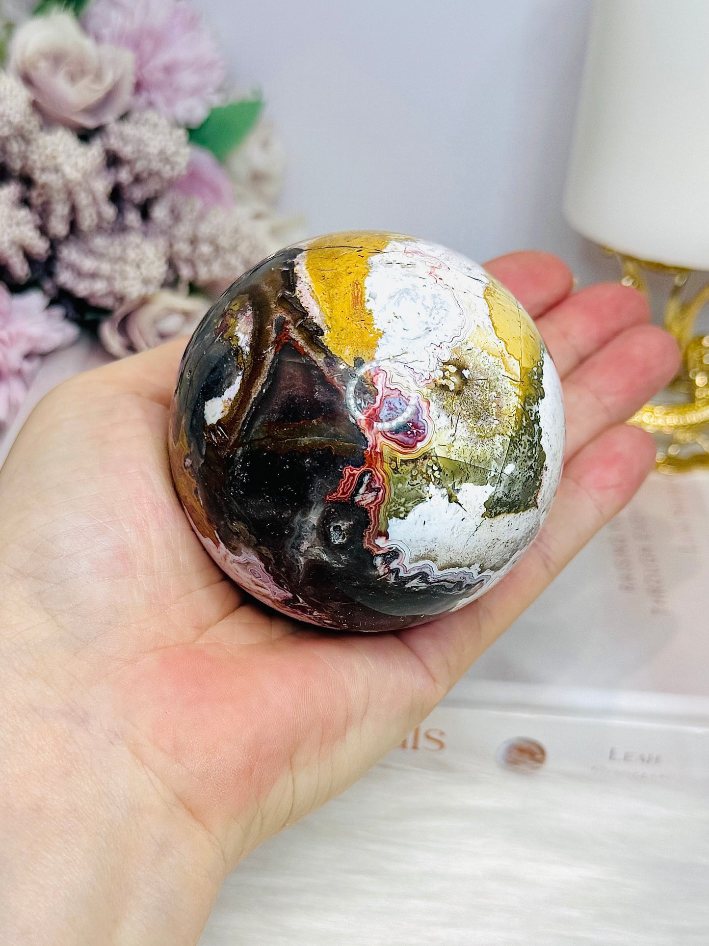 Large Mexican Crazy Lace Agate Druzy Sphere on Stand 449g