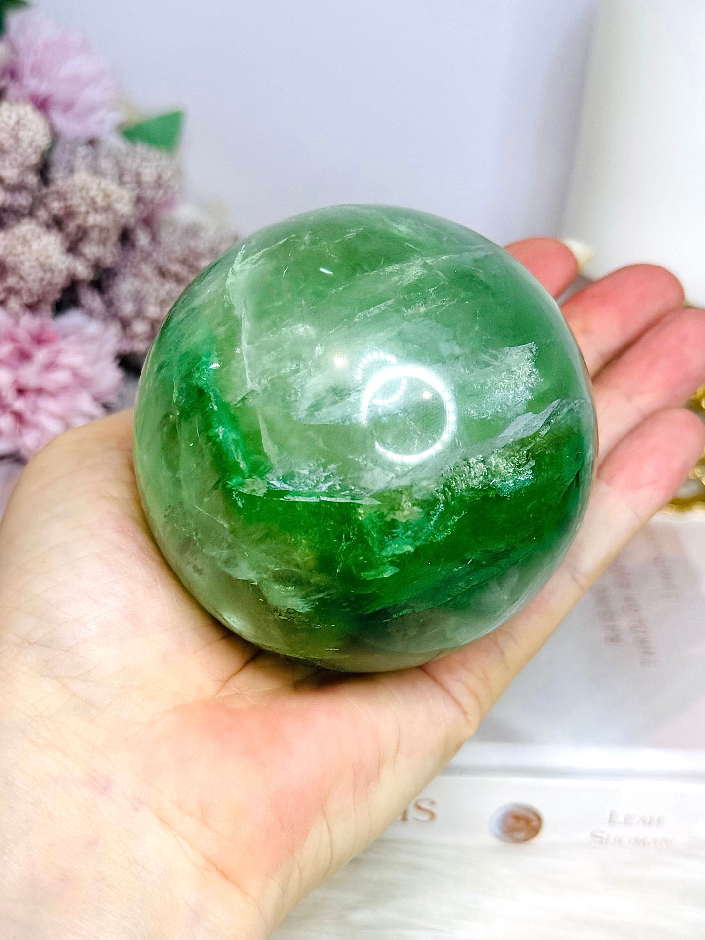 Large Green Fluorite Sphere Full of Rainbows 777g