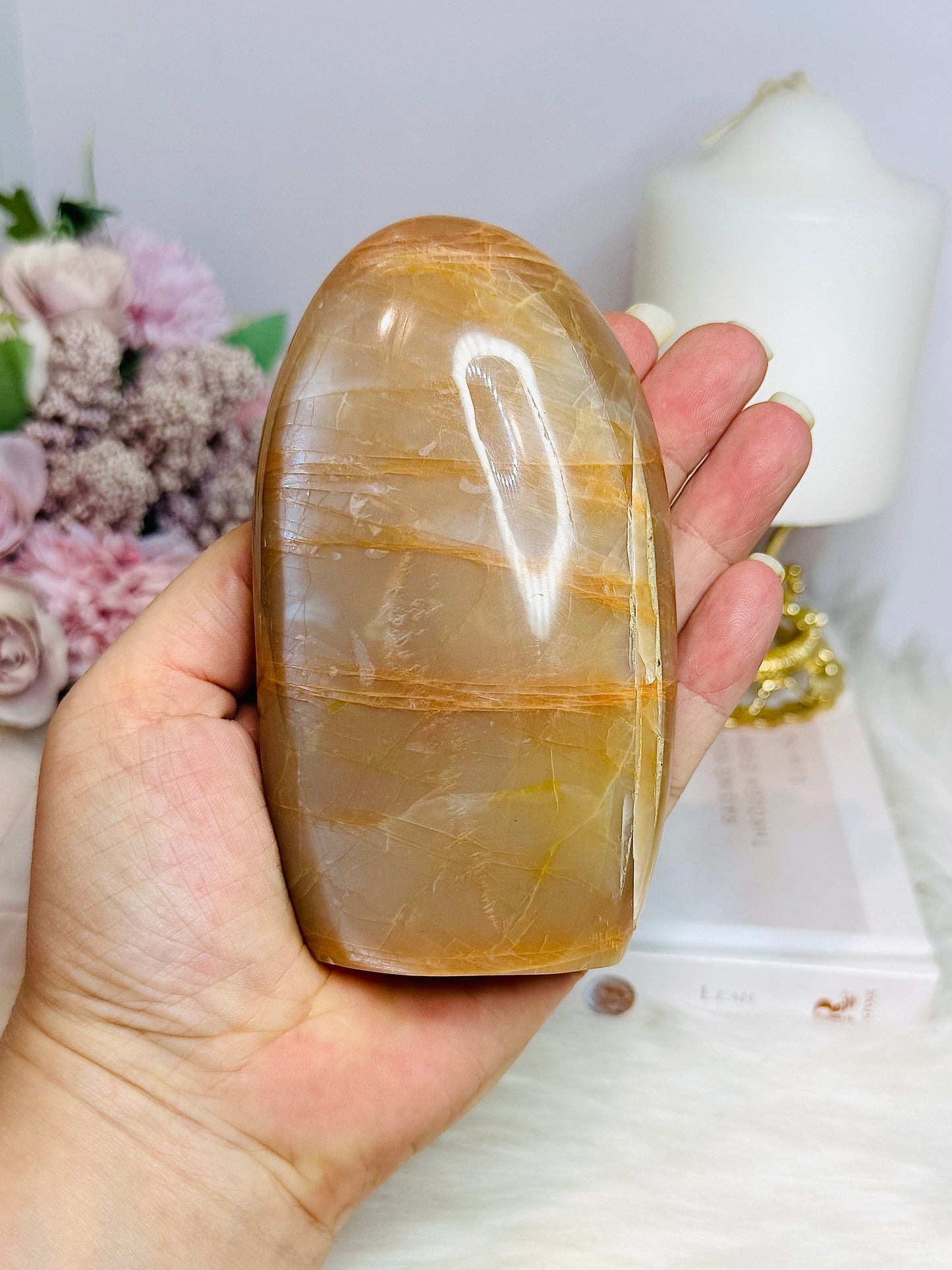 Large Peach Moonstone Chunky Freeform with Amazing Flash 11.5cm 416g
