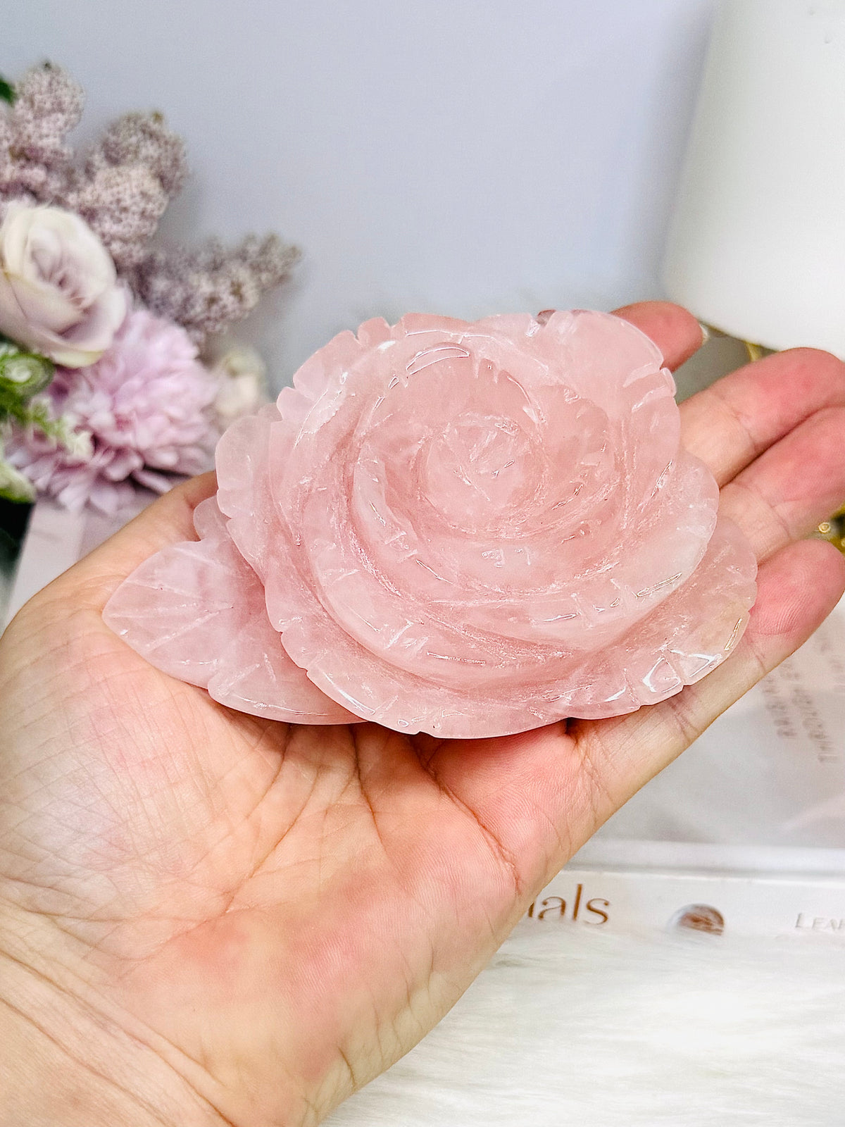 Large Rose Quartz Carved Rose 10cm