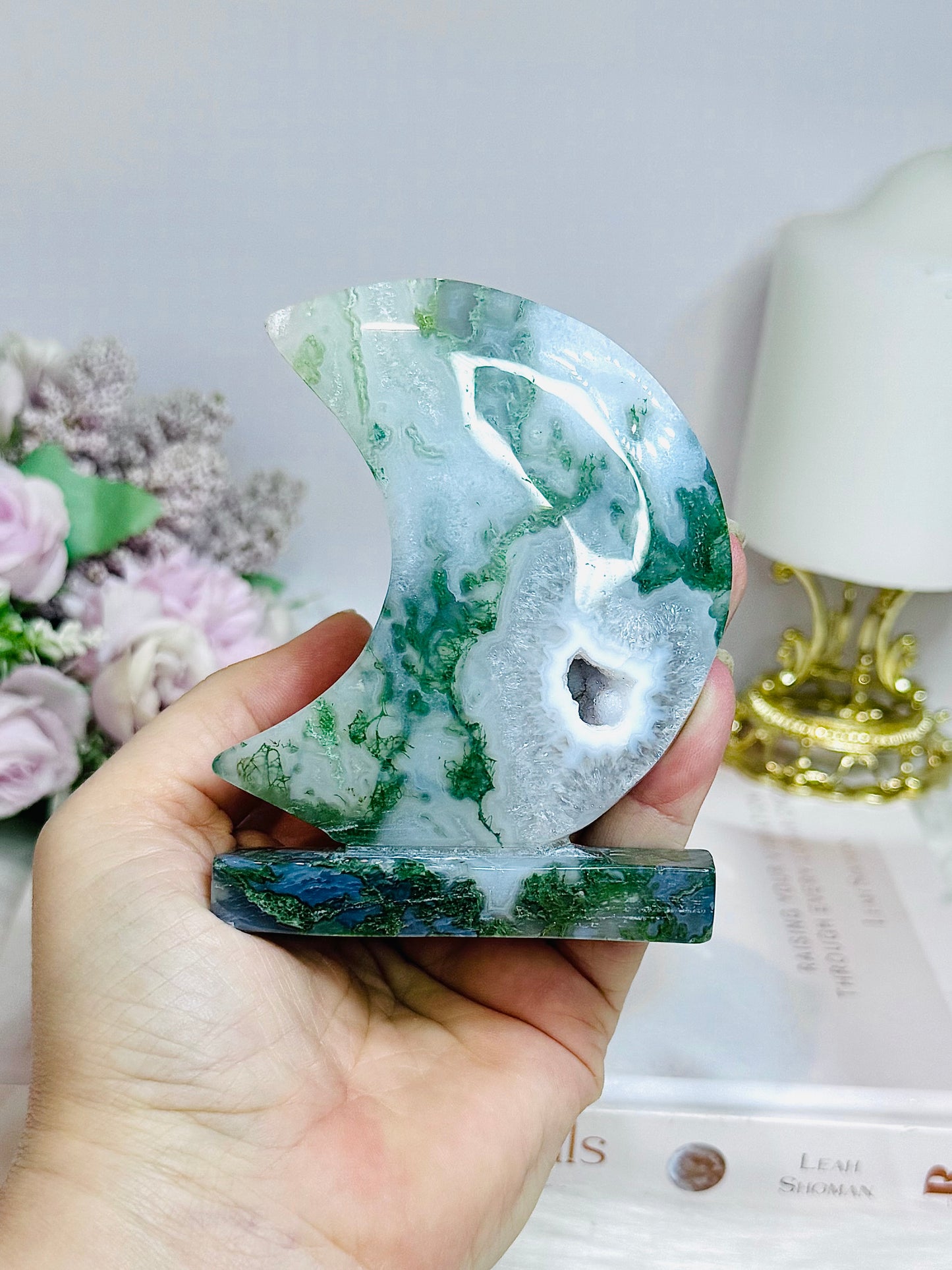 Moss Agate Druzy Moon On Stand 10cm 262g