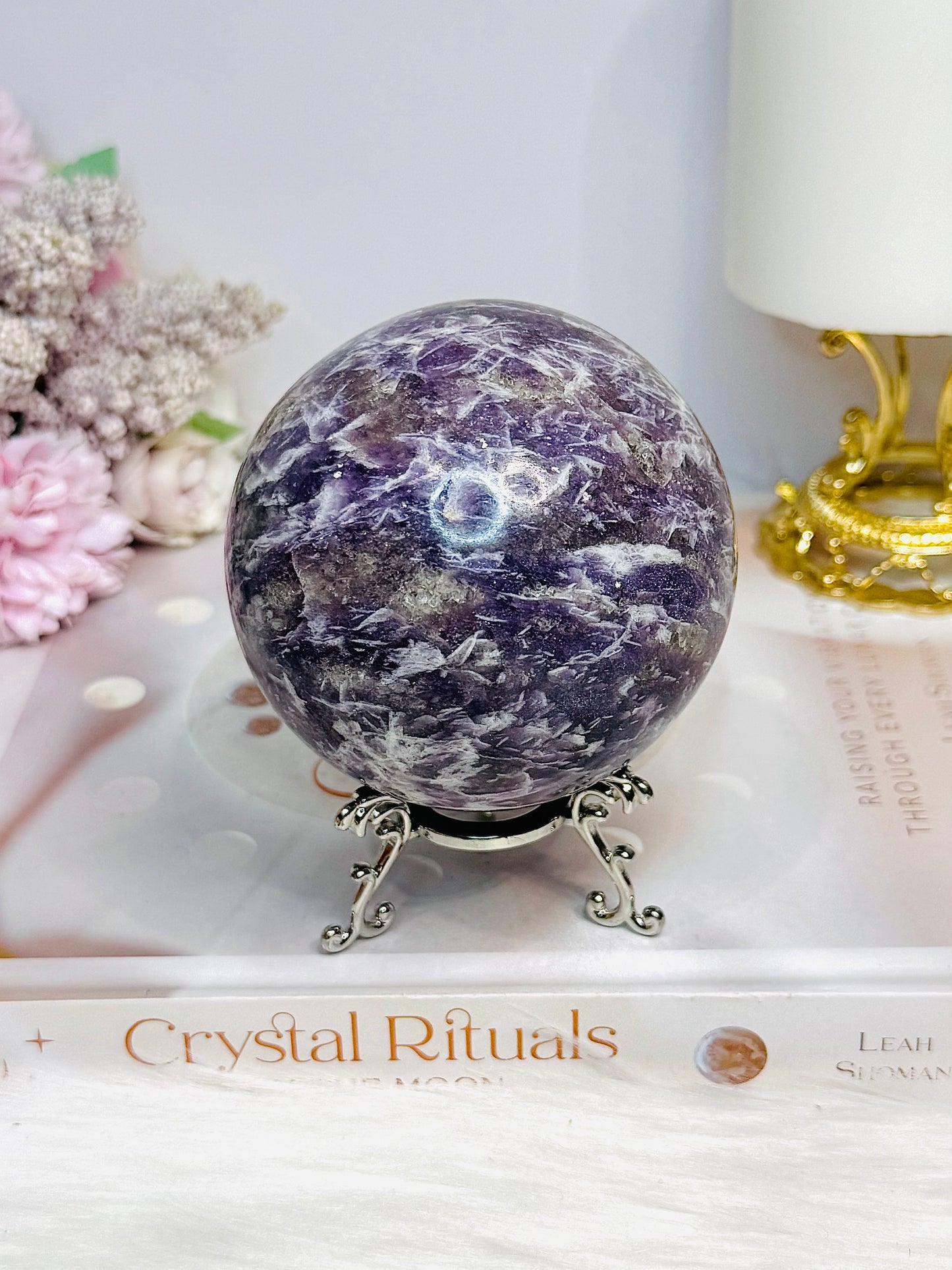 Natural Large Pegmatite | Unicorn Stone (Lepidolite, Pink Tourmaline, Smoky Quartz and Cleavelandite) Sphere on Stand 661g