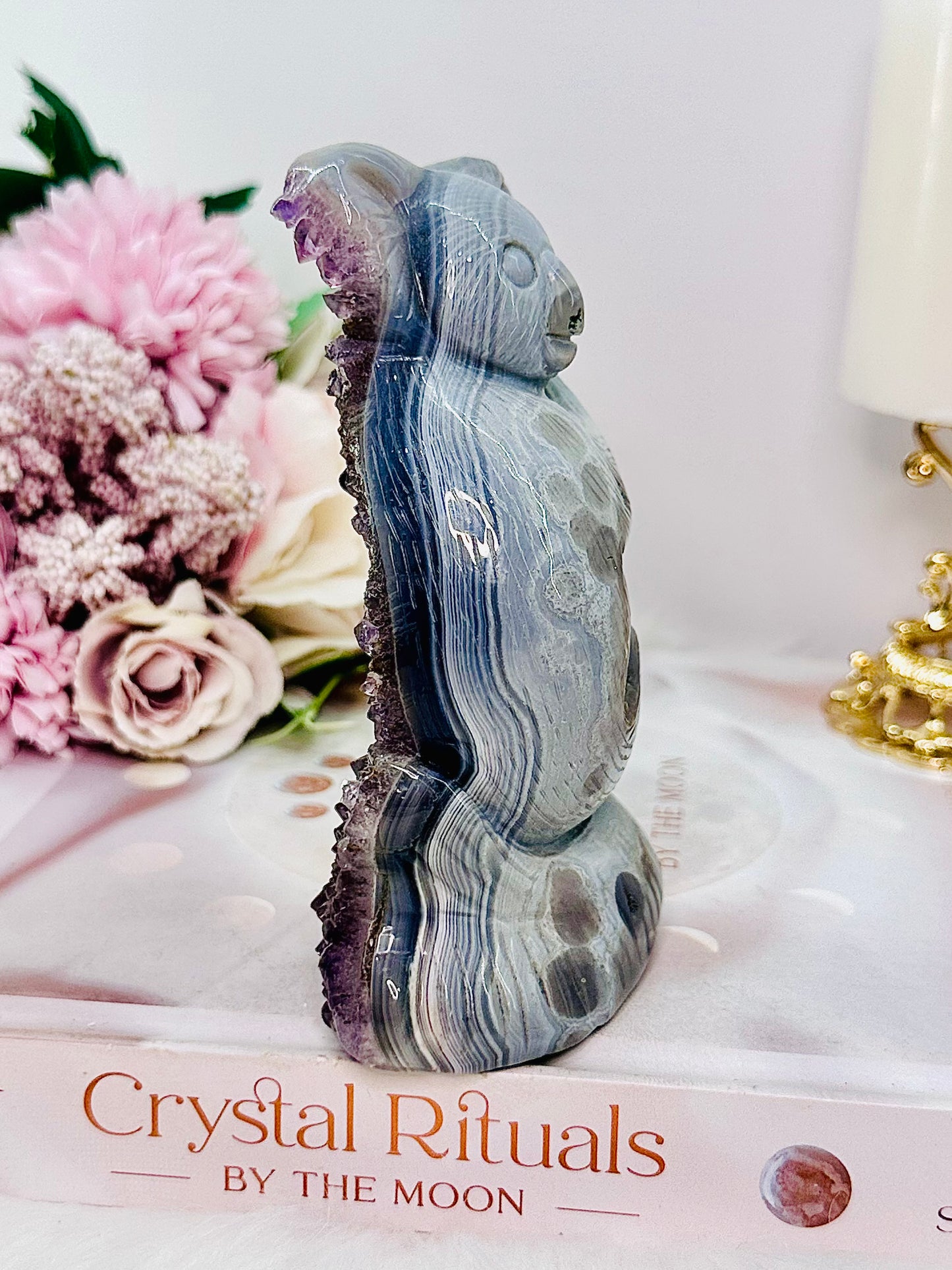 Stunning Perfectly Carved Druzy Agate Amethyst Koala 12cm 397grams With Full Amethyst Cluster At Back