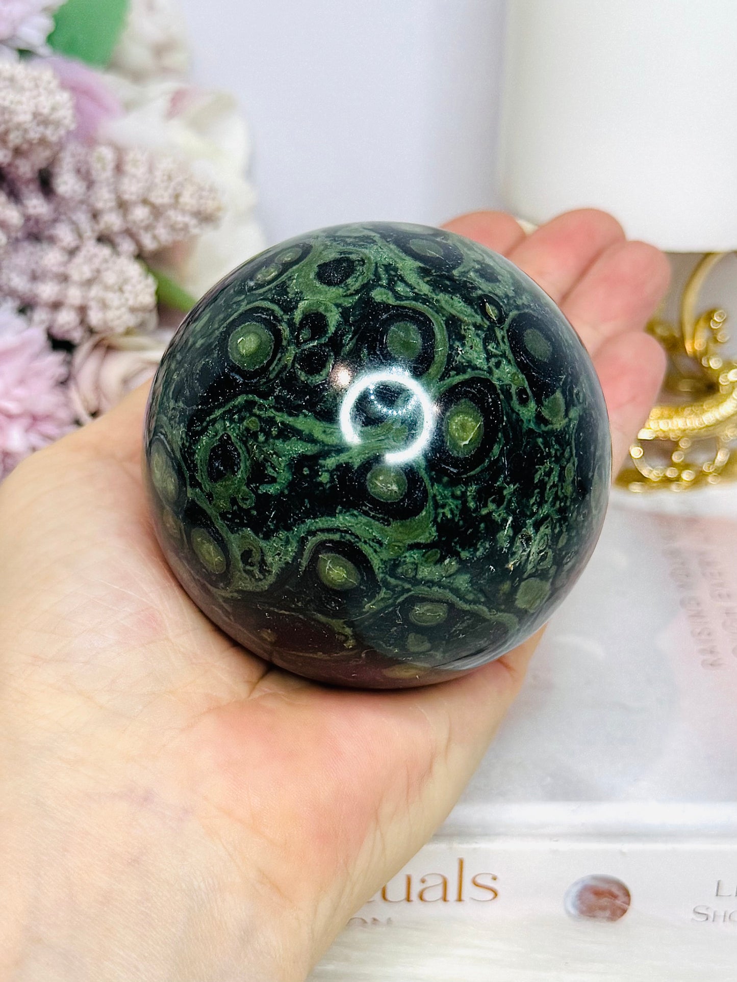 Large Green Kambaba Jasper Sphere on Stand 517g