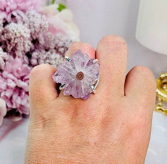 Natural Purple Stalactite Silver Plated Adjustable Ring From Brazil In Gift Bag