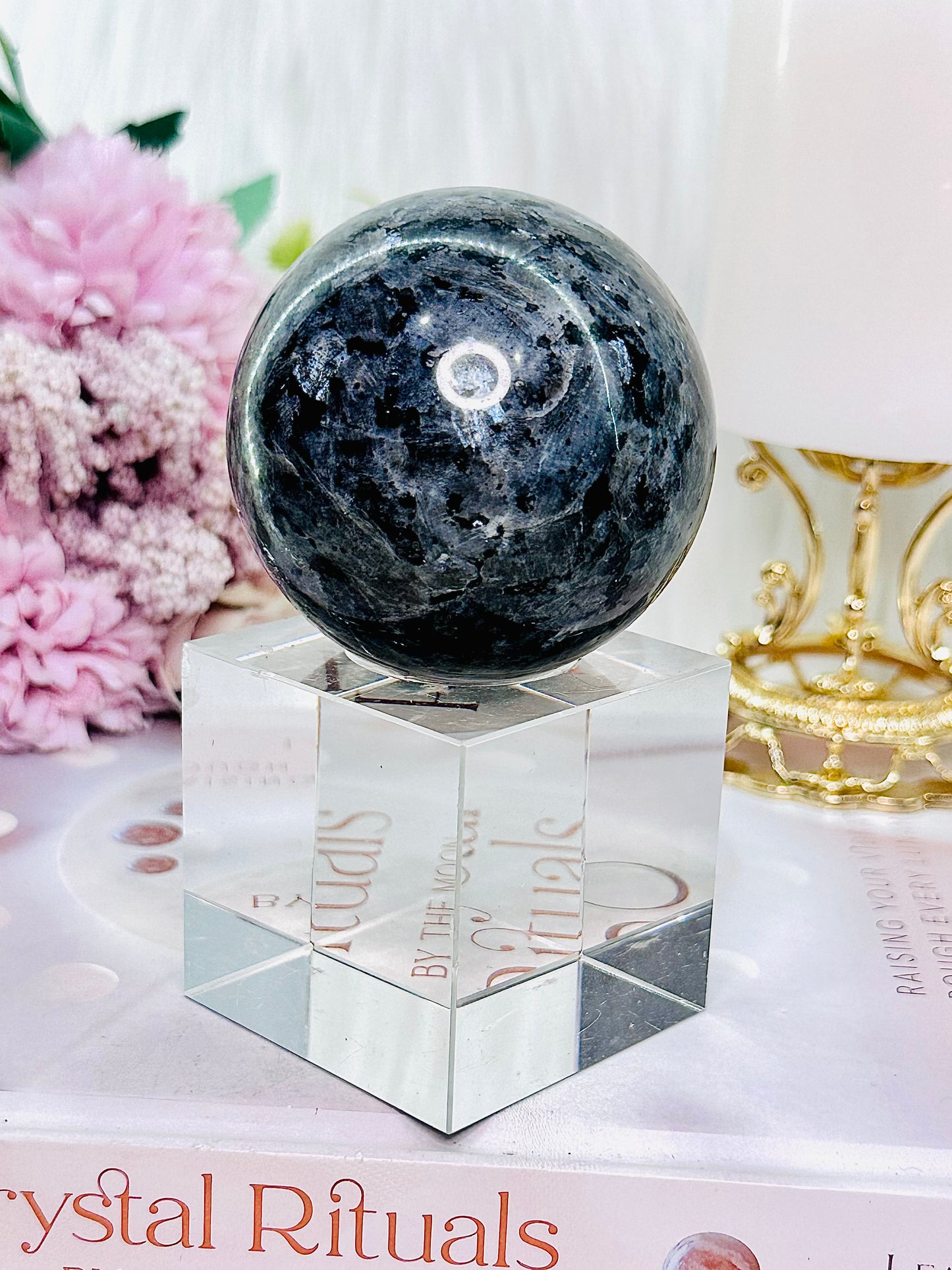 Protective & Grounding Stone ~ Beautiful Larvikite Sphere 319gram On Silver Stand (Glass stand in pic is display only)