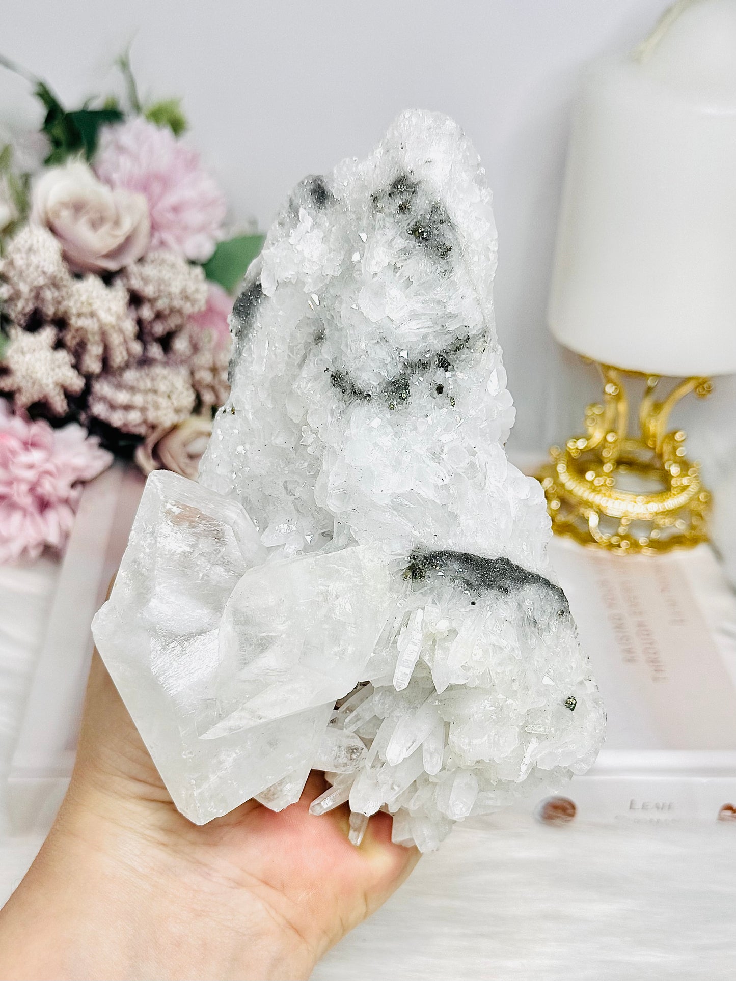 High Grade Clear Quartz Natural Cluster with Pyrite Inclusions 14.5cm 446g