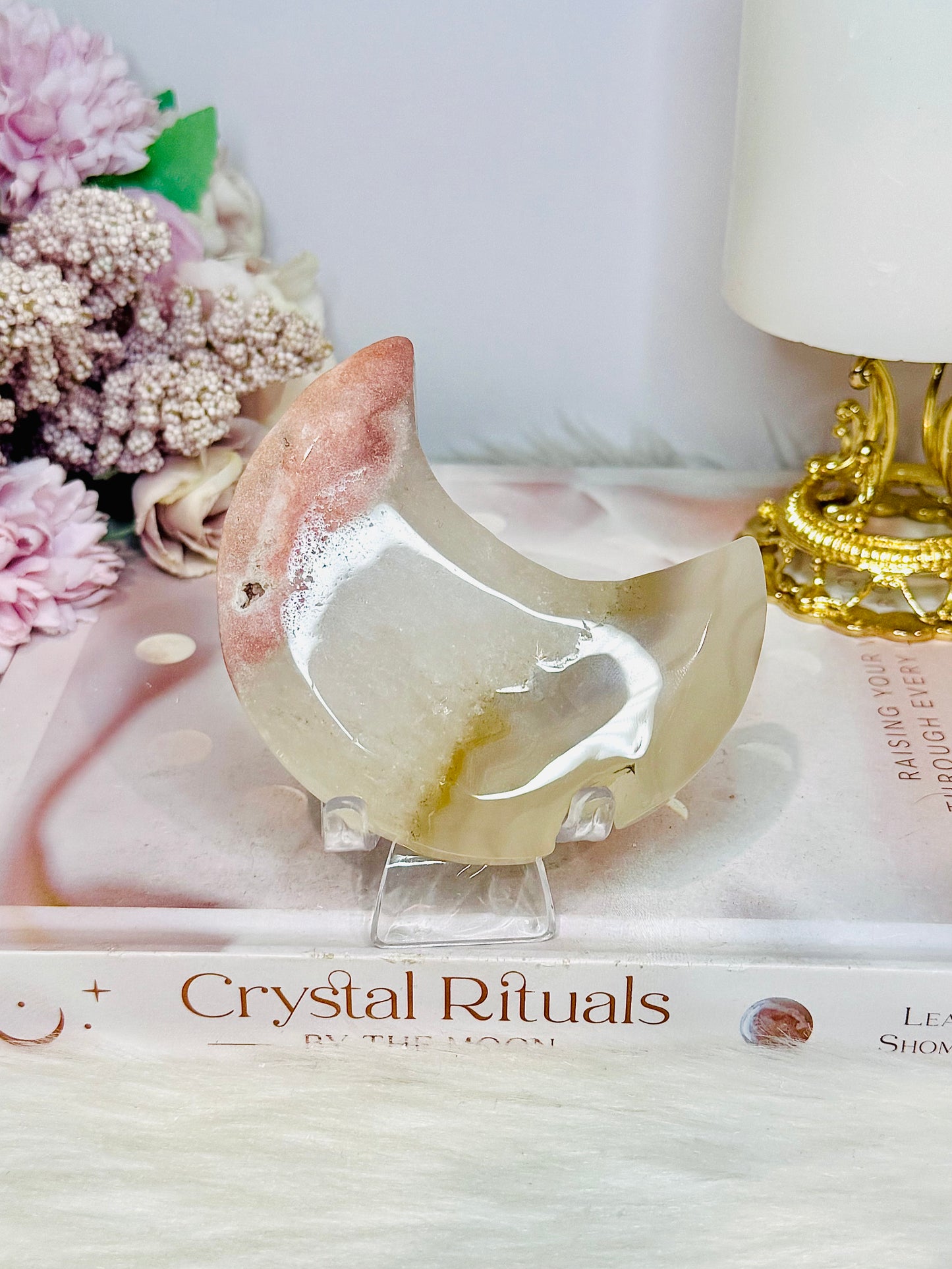 Pink Amethyst In Quartz Moon 8.5cm On Stand
