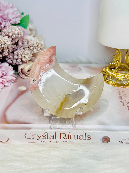 Pink Amethyst In Quartz Moon 8.5cm On Stand