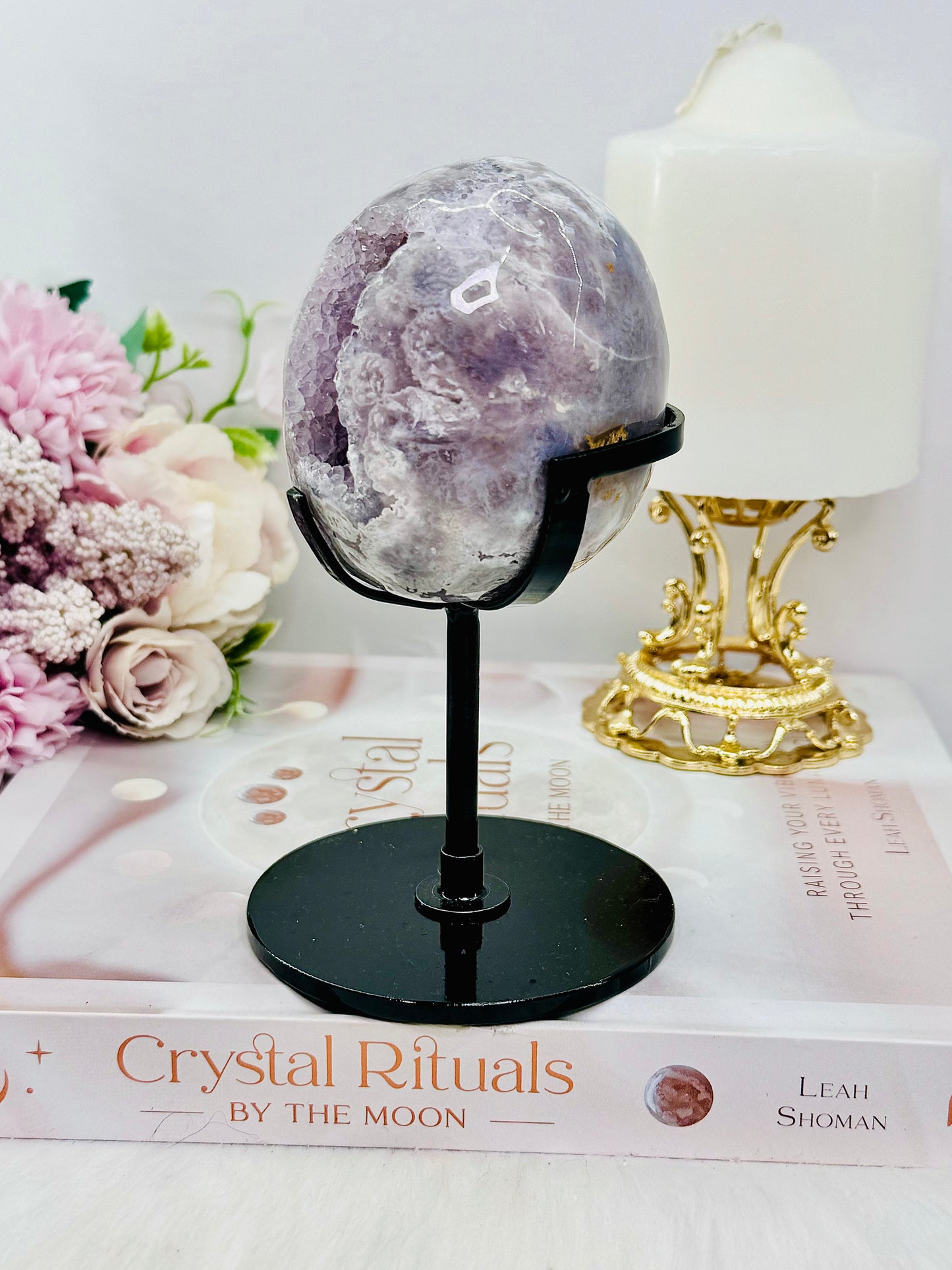 High Grade 14.5cm Druzy Pink Amethyst Freeform | Egg On Stand 558grams